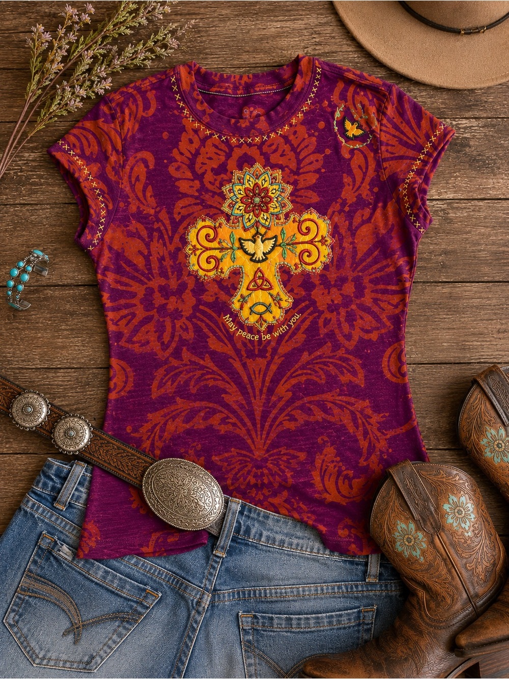 DOUBLE D RANCHWEAR May Peace Be With You Embroidered Cross Tee Purple Orange